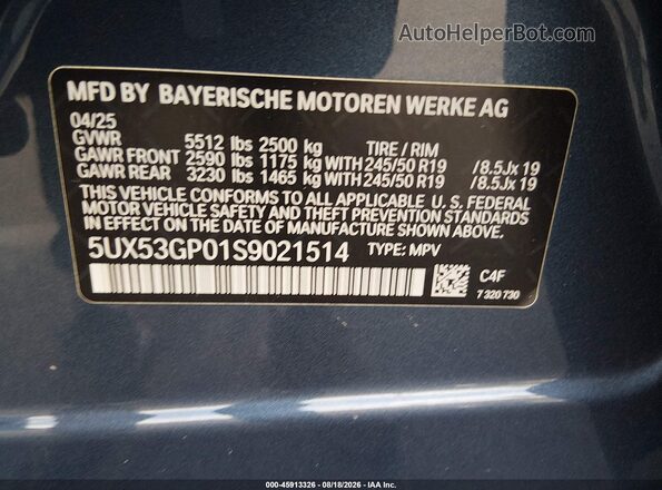 5UX53GP01S9021514 2025 BMW X3 Blue ძრავის განყოფილების ხედი