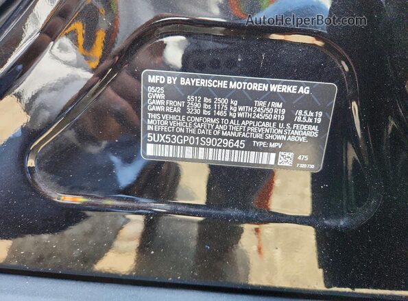 5UX53GP01S9029645 2025 BMW X3 Black VIN კოდის სტიკერის ხედი