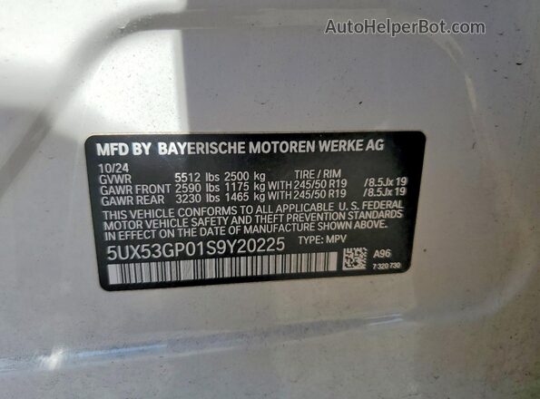 5UX53GP01S9Y20225 2025 BMW X3 White VIN კოდის სტიკერის ხედი