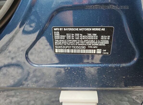 5UX53GP01T9350280 2026 BMW X3 Blue VIN კოდის სტიკერის ხედი