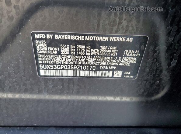5UX53GP03S9Z10170 2025 BMW X3 Gray Vista de la etiqueta del VIN