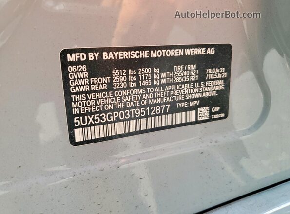 5UX53GP03T9512877 2026 BMW X3 Gray VIN კოდის სტიკერის ხედი