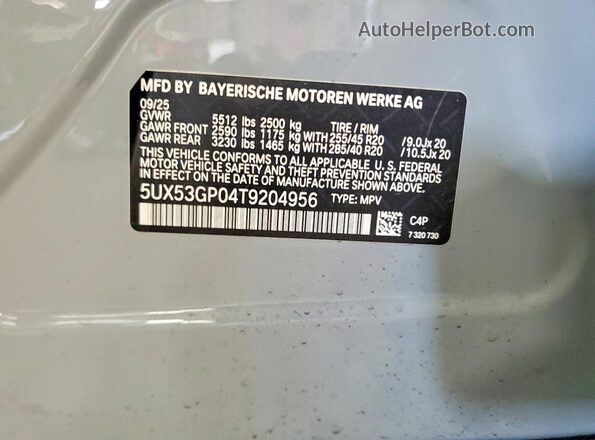 5UX53GP04T9204956 2026 BMW X3 Gray Widok naklejki z numerem VIN