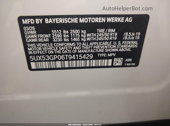 5UX53GP06T9415429 2026 BMW X3 White Вид підкапотного простору