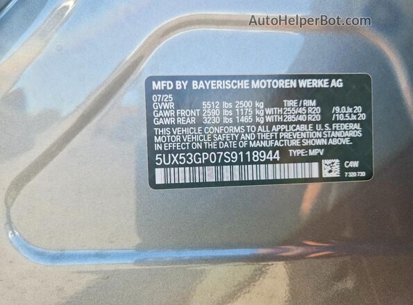 5UX53GP07S9118944 2025 BMW X3 Gray VIN კოდის სტიკერის ხედი