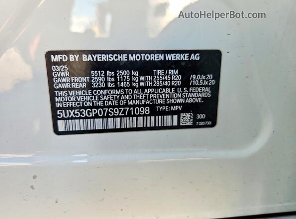 5UX53GP07S9Z71098 2025 BMW X3 White Вид підкапотного простору