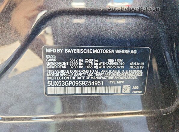 5UX53GP09S9Z54951 2025 BMW X3 Black VIN კოდის სტიკერის ხედი