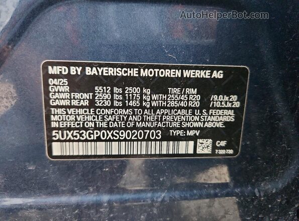 5UX53GP0XS9020703 2025 BMW X3 Blue VIN კოდის სტიკერის ხედი