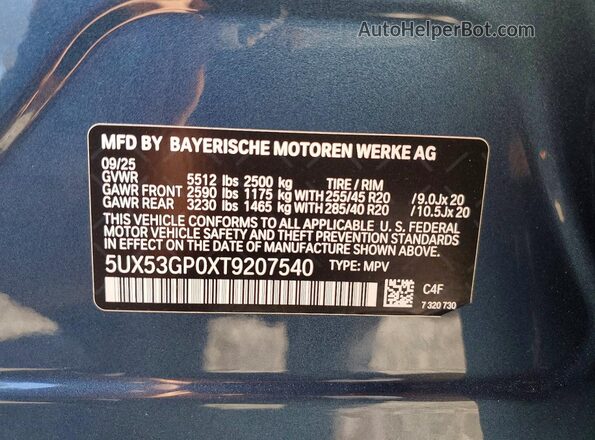 5UX53GP0XT9207540 2026 BMW X3 Blue Widok wnętrza 360 stopni
