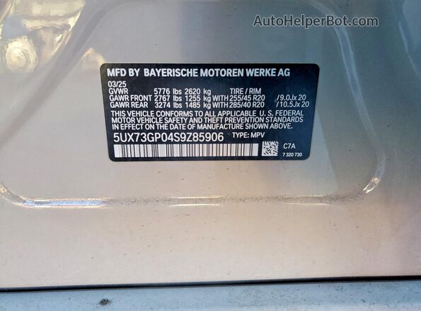5UX73GP04S9Z85906 2025 BMW X3 Cream VIN კოდის სტიკერის ხედი
