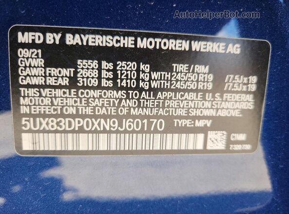 5UX83DP0XN9J60170 2022 BMW X3 Синий Вид наклейки с VIN-кодом