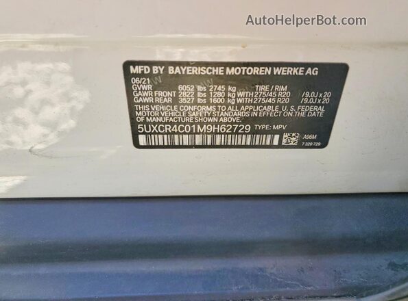 5UXCR4C01M9H62729 2021 BMW X5 White Widok naklejki z numerem VIN