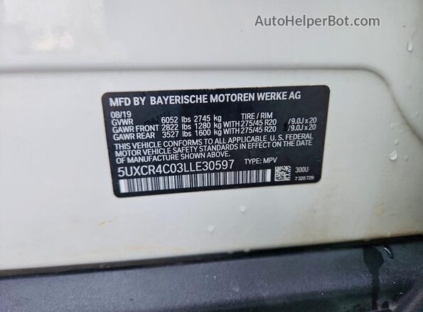 5UXCR4C03LLE30597 2020 BMW X5 White VIN կոդի պիտակի տեսք