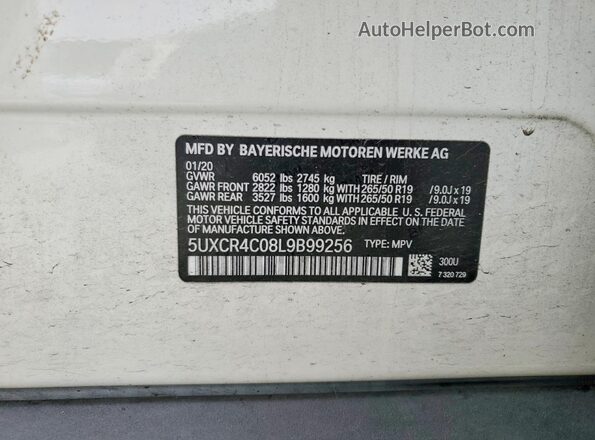 5UXCR4C08L9B99256 2020 BMW X5 White Vista de la etiqueta del VIN