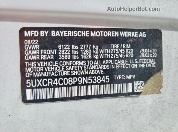 5UXCR4C08P9N53845 2023 BMW X5 White Вид наклейки з VIN-кодом