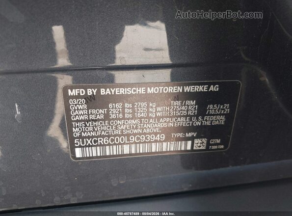 5UXCR6C00L9C93949 2020 BMW X5 Gray Շարժիչի բաժամունքի տեսք