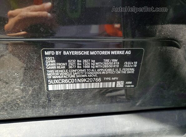 5UXCR6C01N9K20766 2022 BMW X5 Black Вид наклейки з VIN-кодом