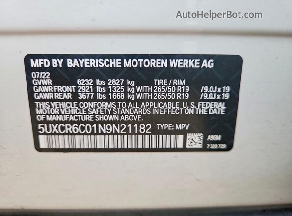 5UXCR6C01N9N21182 2022 BMW X5 White Շարժիչի բաժամունքի տեսք