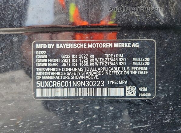 5UXCR6C01N9N30223 2022 BMW X5 Black VIN կոդի պիտակի տեսք