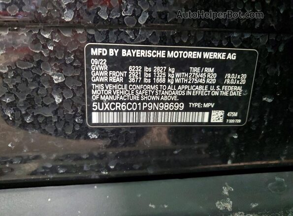 5UXCR6C01P9N98699 2023 BMW X5 Black Widok naklejki z numerem VIN
