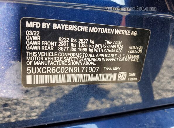 5UXCR6C02N9L71907 2022 BMW X5 Blue VIN კოდის სტიკერის ხედი