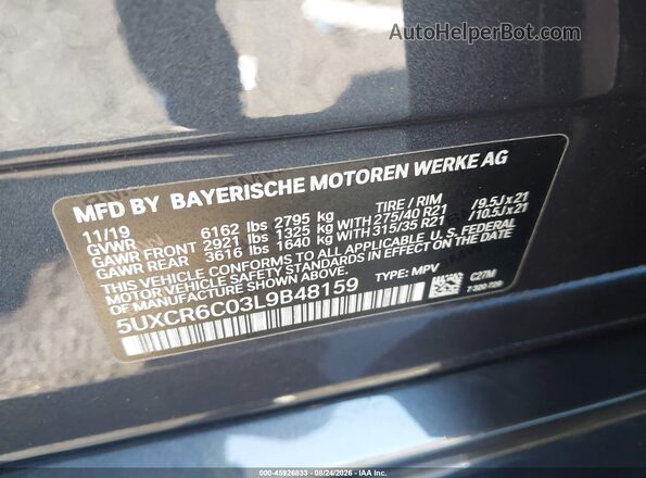 5UXCR6C03L9B48159 2020 BMW X5 Gray ძრავის განყოფილების ხედი