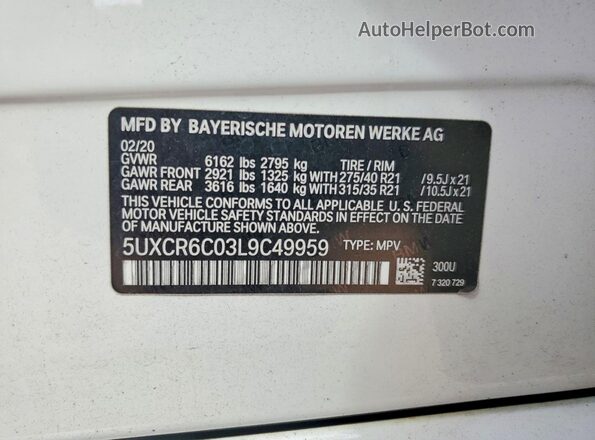 5UXCR6C03L9C49959 2020 BMW X5 Белый Панорамный вид салона 360°
