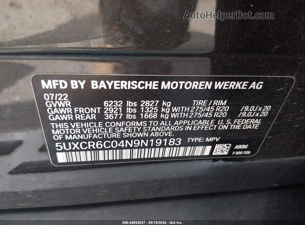 5UXCR6C04N9N19183 2022 BMW X5 Gray Widok komory silnika