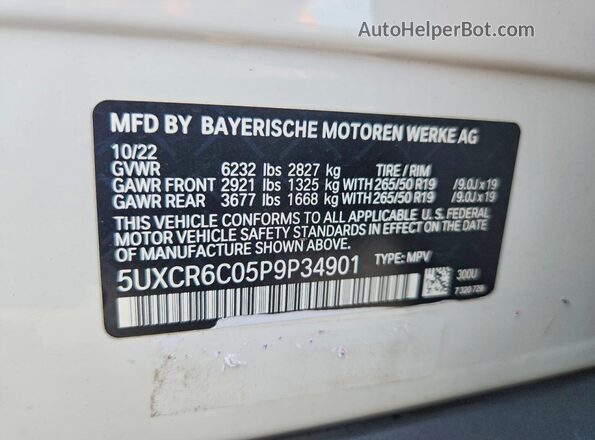 5UXCR6C05P9P34901 2023 BMW X5 White VIN sticker view