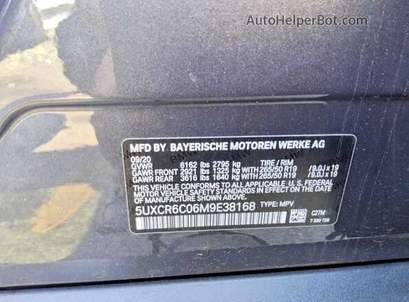 5UXCR6C06M9E38168 2021 BMW X5 Charcoal Вид наклейки з VIN-кодом