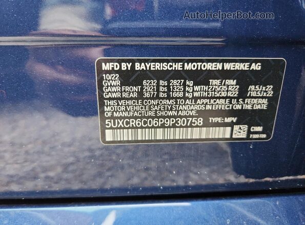 5UXCR6C06P9P30758 2023 BMW X5 Blue სალონის 360-გრადუსიანი ხედი