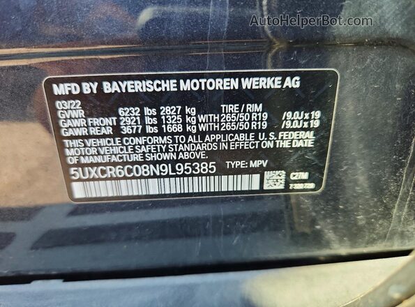 5UXCR6C08N9L95385 2022 BMW X5 Charcoal VIN კოდის სტიკერის ხედი
