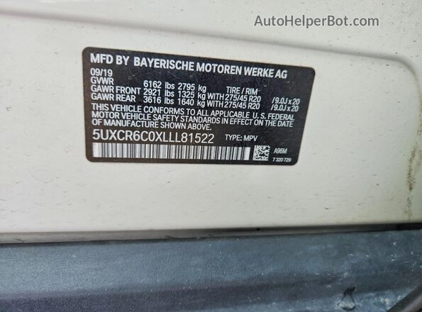 5UXCR6C0XLLL81522 2020 BMW X5 Белый Вид наклейки с VIN-кодом