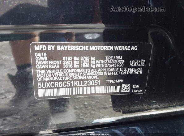 5UXCR6C51KLL23051 2019 BMW X5 Black Вид підкапотного простору