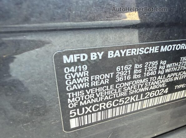 5UXCR6C52KLL26024 2019 BMW X5 Dark Blue VIN კოდის სტიკერის ხედი