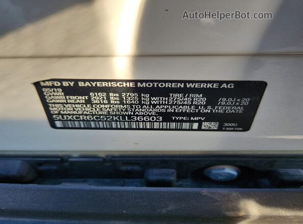 5UXCR6C52KLL36603 2019 BMW X5 White Widok wnętrza 360 stopni