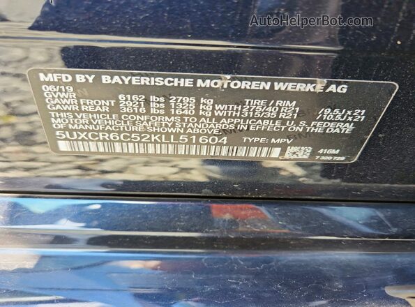 5UXCR6C52KLL51604 2019 BMW X5 Синий Вид наклейки с VIN-кодом