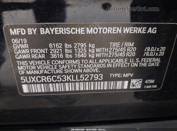 5UXCR6C53KLL52793 2019 BMW X5 Black Вид підкапотного простору