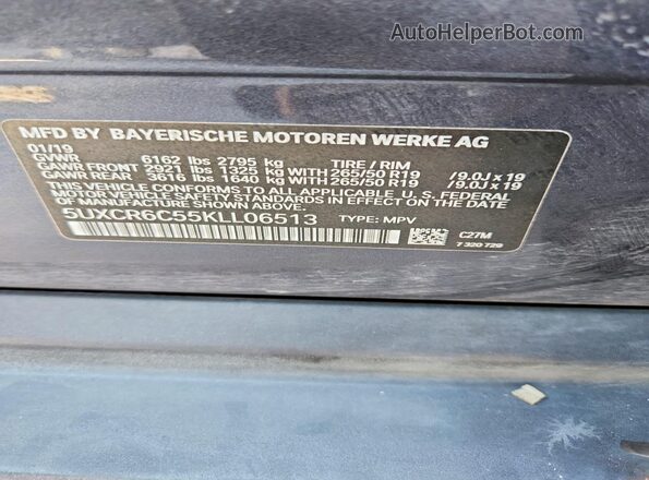 5UXCR6C55KLL06513 2019 BMW X5 Gray Vista de la etiqueta del VIN