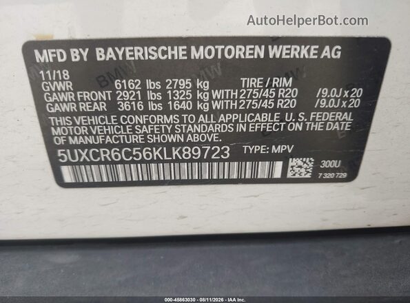 5UXCR6C56KLK89723 2019 BMW X5 White ძრავის განყოფილების ხედი