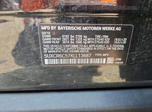 5UXCR6C57KLL13687 2019 BMW X5 Black Vista de la etiqueta del VIN