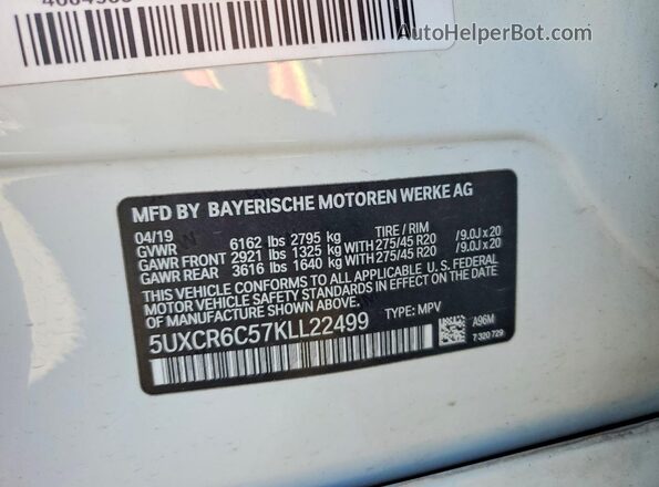 5UXCR6C57KLL22499 2019 BMW X5 White Widok wnętrza 360 stopni