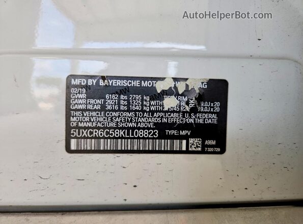 5UXCR6C58KLL08823 2019 BMW X5 Белый Вид наклейки с VIN-кодом