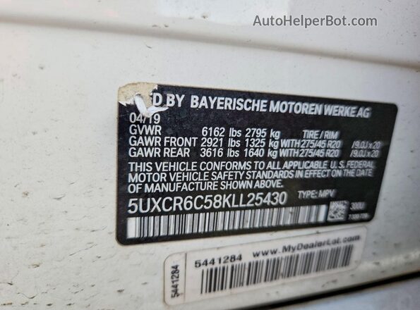 5UXCR6C58KLL25430 2019 BMW X5 White Widok naklejki z numerem VIN