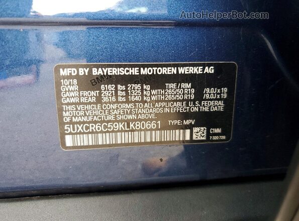 5UXCR6C59KLK80661 2019 BMW X5 Blue Widok naklejki z numerem VIN