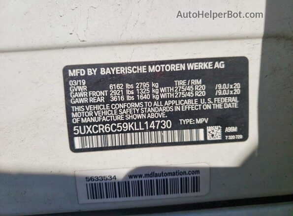 5UXCR6C59KLL14730 2019 BMW X5 White VIN կոդի պիտակի տեսք