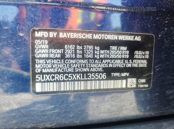 5UXCR6C5XKLL35506 2019 BMW X5 Синий Вид наклейки с VIN-кодом