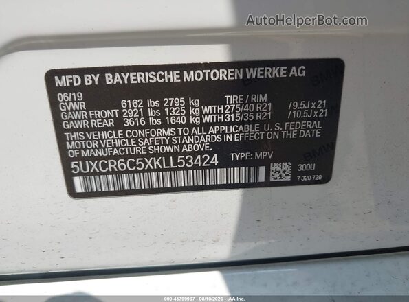 5UXCR6C5XKLL53424 2019 BMW X5 White ძრავის განყოფილების ხედი