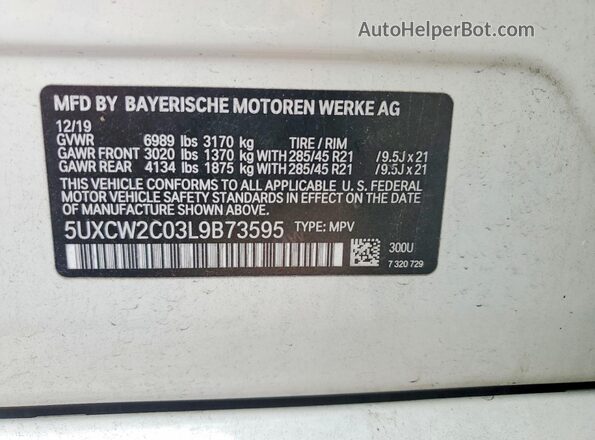 5UXCW2C03L9B73595 2020 BMW X7 White Widok naklejki z numerem VIN