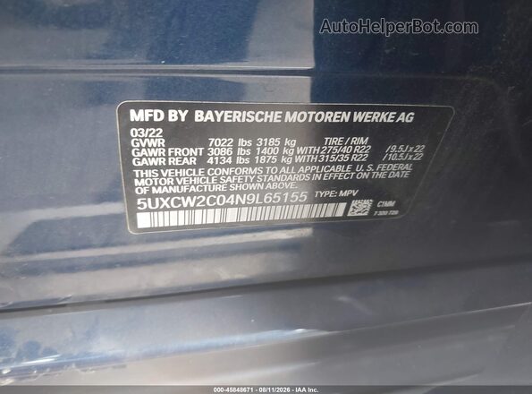 5UXCW2C04N9L65155 2022 BMW X7 Blue Вид підкапотного простору